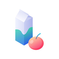 Cardboard packaging and red apple isometric vector. Morning dietary breakfast with drink fruit. School organic snack in ecological container. Healthy eco dessert products and health.