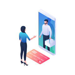 Online payment courier delivery isometric illustration. Female character with red credit card communicates in web application with man white box. Fast product delivery user support vector concept.