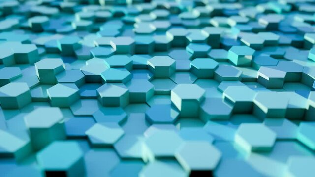 Blue hexagon modules in random waving motion. 4K seamless loop. Abstract technology, data and engineering motion background. Perspective and depth of field settings. 3D rendering.