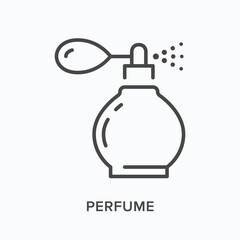 Perfume flat line icon. Vector outline illustration of glass retro bottle. Black thin linear pictogram for old cologne sprayer