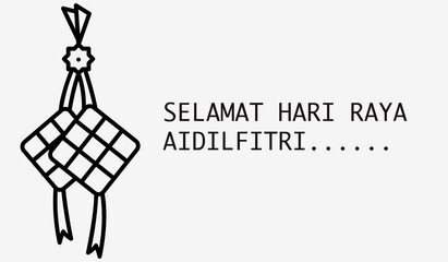 An illustration of ketupat rice on white background written with SELAMAT HARI RAYA AIDILFITRI. Malay word for Eid Mubarak wish commonly use in Malaysia and Indonesia.