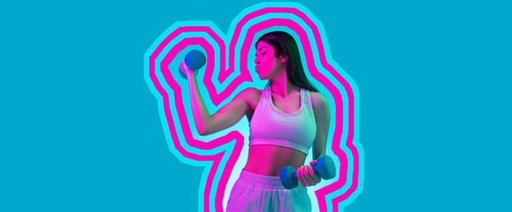 Obraz na płótnie Canvas Young beautiful fitness girl training isolated over blue pink background in neon light. Concept of beauty, sport, ad. Flyer