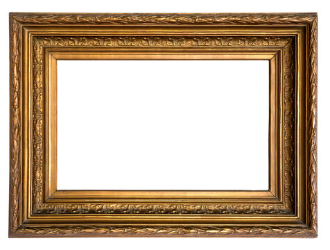 antique rectangle decorative gold plated wooden picture frame isolated on white background