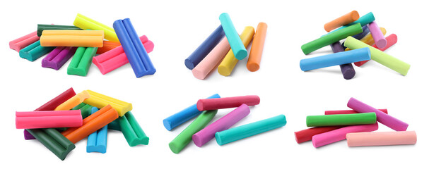 Set with different colorful plasticine pieces on white background. Banner design