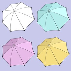 Vector illustration, Set of open umbrellas in pastel colors, top view
