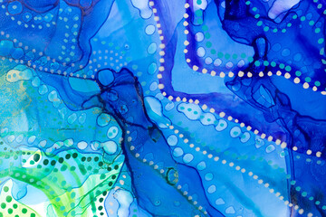 Watercolor sea style abstract stains and dots background. Ink gradient texture.