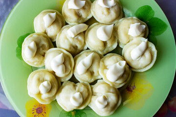 traditional Russian dumplings, homemade meat dumplings in a white plate on a bamboo napkin