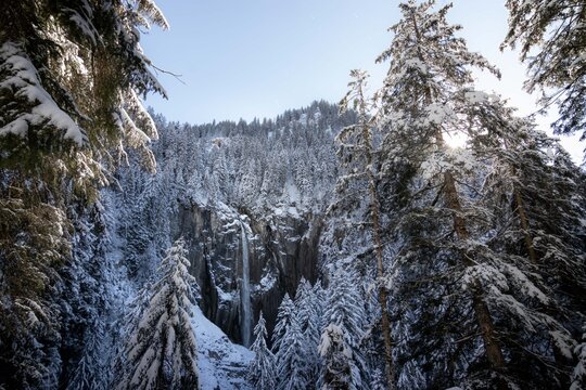 Winterlandschaft Schweiz. Pochtenfall, Suldtal, Berner Oberland.