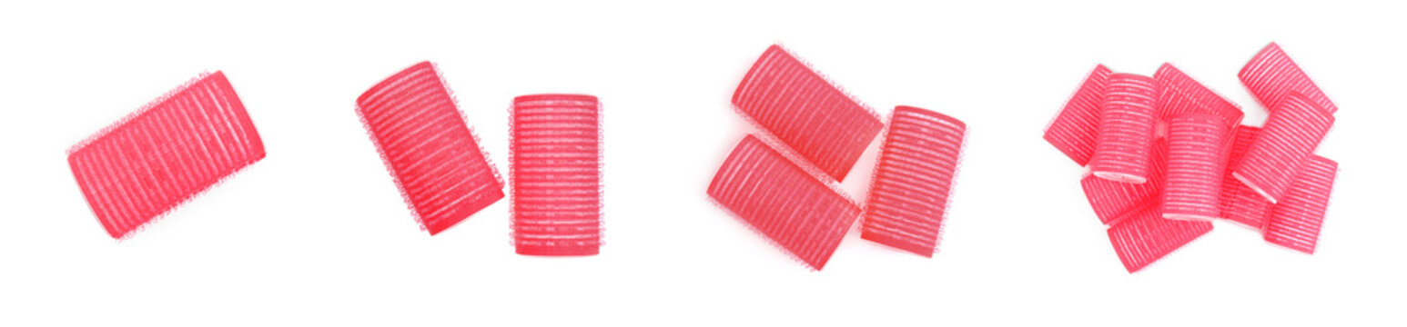 Set with hair curlers on white background, top view. Banner design