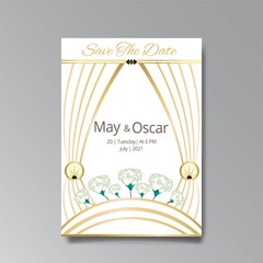 Art Deco, floral wedding invitation, golden beige luxury elegant retro. Save the date poster, geometric greeting card invite.