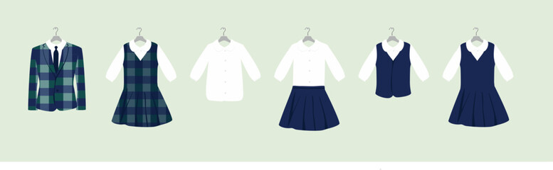 School or College Uniforms on Hangers. Kids Clothes Vector Set - obrazy, fototapety, plakaty