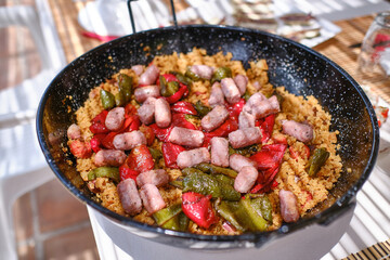 Migas con chorizo, a traditional Spanish recipe made with breadcrumbs and chorizo sausage