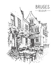 Travel sketch of Street Cafe in Bruges, Belgium. Urban sketch in black color isolated on white background. Line art. Freehand drawing. Hand drawn travel postcard. Europe travel cafe art tourism.