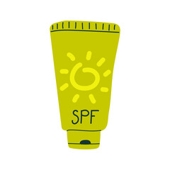 Hand drawn sunscreen, tube, skin protection. Summer concept.