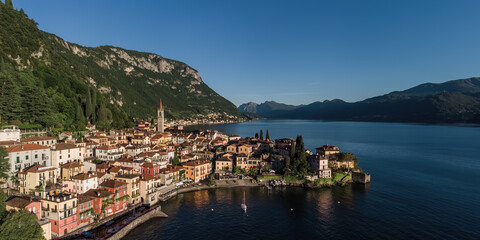 Lecco Branch of lake Como seen from Varenna aerial view.