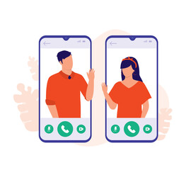 Young Couple Video Calling Each Other. Online Dating Concept. Vector Illustration Flat Cartoon. Young Man And Woman Greeting With One Another Through Mobile Phone.