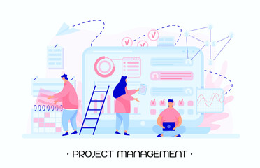 Team working using a project management approach. Girl analyze graph and chart to save company money and increase income. Agile project management, Kanban and Scrum. Flat people vector illustration.