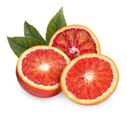 Delicious ripe red oranges on white background