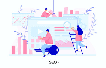 The team promotes website uses SEO technology and analyzing information from the internet. A man enters keywords and writing content for the website. Girl searching for mistakes on the website. Modern