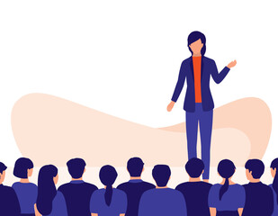 Businesswoman Standing On Stage. Conference Concept. Vector Flat Cartoon Illustration. Female Entrepreneur Giving Seminar To The Crowds.