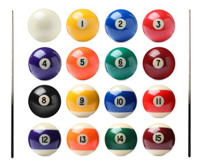 Set with billiard balls and wooden cues on white background