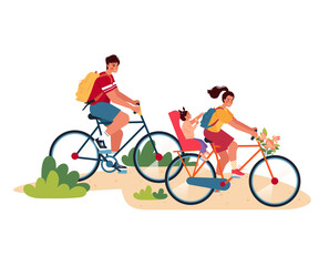 Happy couple with baby go cycling and resting outdoors colored flat cartoon vector illustration. People relaxing in nature on adventure holidays. Summer family travelings isolated on white background.