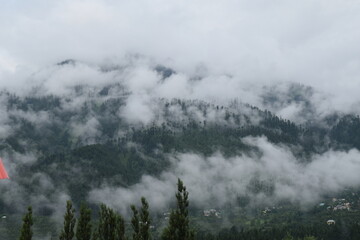 A picture of the scenic beauty of Manali and its route to Rohtang pass, which has a breathtaking view of Himalayan mountains and valleys covered with lush green forests and clouds and fog.