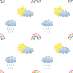 Cute seamless pattern with the weather elements: sun, clouds, raindrops, rainbow isolated on a white background. Hand-drawn watercolor illustration. Kids wallpaper and fabric design