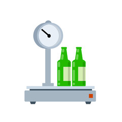 Bottles on scales. Shopping at grocery and alcohol store. Weighing product. Decoration for store and counter. Beer in a green package. Flat cartoon