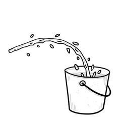 Water pours into the bucket. Jet of liquid falls into a bucket with splashes and drops. Sketch cartoon illustration © Taras
