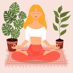 Young blonde girl sitting in lotus pose at home surrounded by plants. Vector illustration of a room with of the woman doing yoga, meditation, healthy lifestyle. Crossed legs. Interior with people