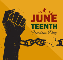 Juneteenth Emancipation Day, Fist raise up breaking chain. - obrazy, fototapety, plakaty