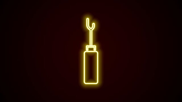 Glowing neon line Awl tool with wooden handle icon isolated on black background. Work equipment tailor industry. 4K Video motion graphic animation
