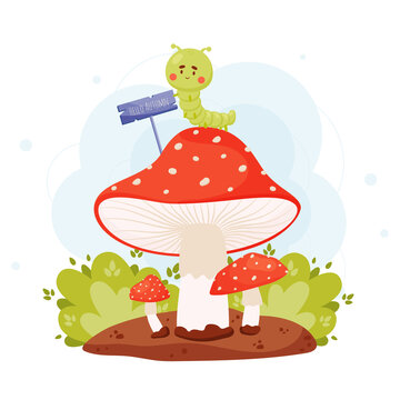 Hello Autumn poster , cute caterpillar cartoon character  sitting on the amanita mushroom. vector illustration
