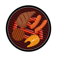 Meat, sausage and salmon on barbecue grill in flat design on white background.