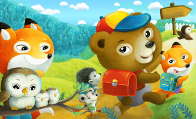 cartoon forest animals pupils friends going to school