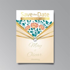 Art Deco, floral wedding invitation, golden white luxury elegant retro.