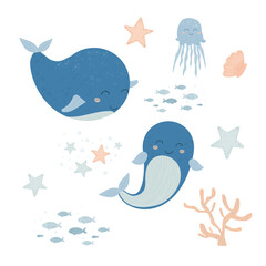 Set van schattige walvissen en oceaanelementen in boho Scandinavische stijl. Kinderachtige eenvoudige print, stickers. Babykamer illustraties