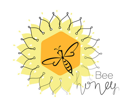 Honey bee. Linear sunflower. Honeycomb. Concepts logo, emblem. Bee icon. Honey flying bee. Insect. 