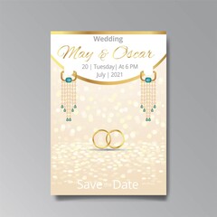 Art Deco with wedding rings invitation, golden, white light beige luxury elegant retro style.