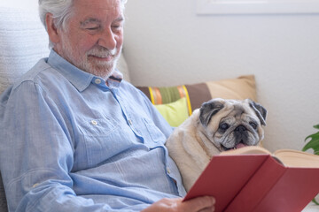 Portrait of clear purebred pug dog sitting with his senior owner on the sofa, relaxing together at home