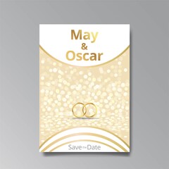 Art Deco with wedding rings invitation, golden, white light beige luxury elegant retro style.