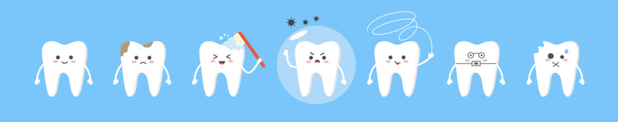 Cute tooth characters in flat style. Set of teeth with different emotions. Vector flat concept about dental health. Animated cartoon teeth characters. Dental and dentistry flat cartoon concept. 
