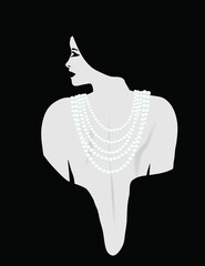 A woman wearing strings of pearls and a backless dress is featured.