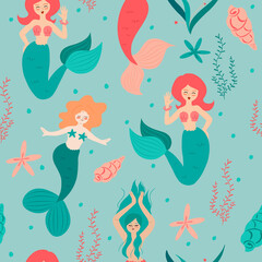Seamless pattern with mermaids underwater with seaweed and seashells