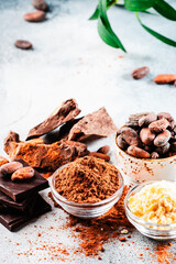 Various organic cocoa products: beans, powder, butter, dark chocolate, grated cocoa on gray table background