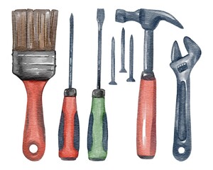 Hand drawing watercolor set of tools for construction and repair: whale, screwdrivers, nails, hammer, wrench