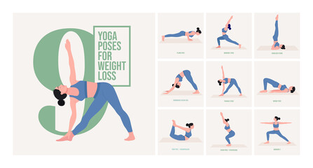 Yoga poses for Weight Loss. Young woman practicing Yoga pose. Woman workout fitness, aerobic and exercises. Vector Illustration.