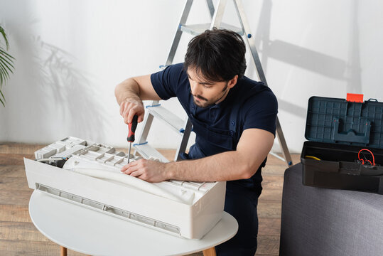 Young Handyman In Overalls Holding Screwdriver While Fixing Broken Air Conditioner