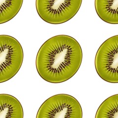 Hand drawing textured illustration of kiwi seamless pattern isolated on white background. Use for print, fabric, patterns, card, poster, menu, eco food shop, food festival, backdrop 